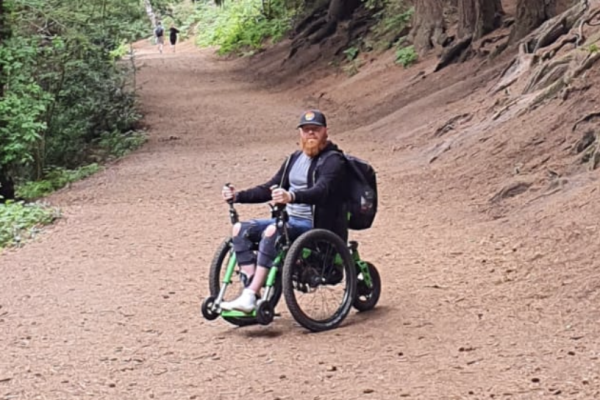 An easy fit - the eKit adds power to the Mountain Trike all terrain wheelchair 